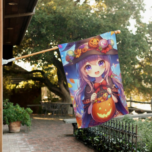 Cute Anime Halloween Witch House Flag (In SItu)