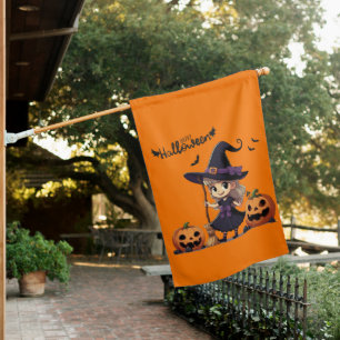 Cute, anime Halloween witch House Flag