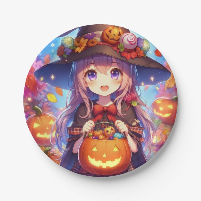 Cute Anime Halloween Witch Paper Plates (Front)