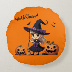 Cute, anime Halloween witch Round Pillow