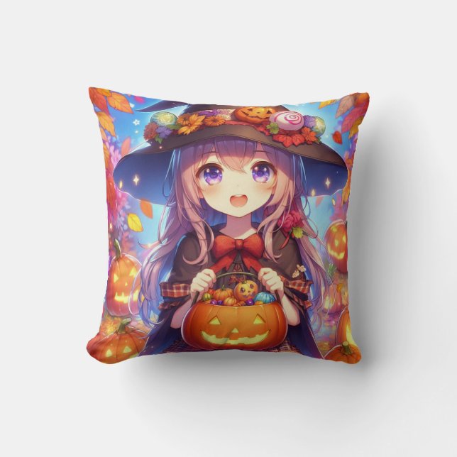 Cute Anime Halloween Witch Throw Pillow (Front)