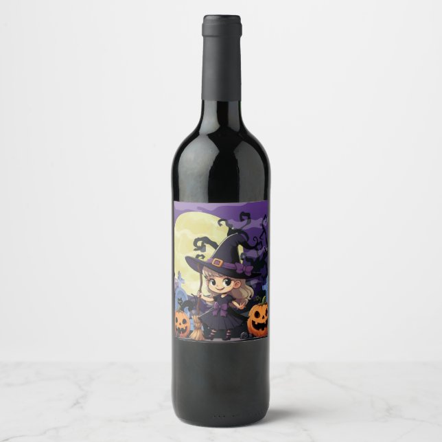 Cute Anime Halloween Witch Wine Label (Front)