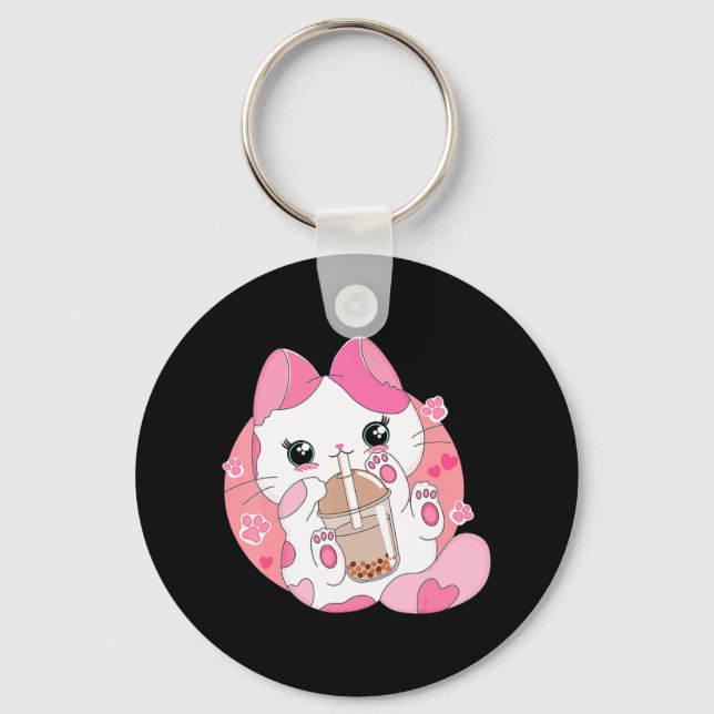 Cute Anime Kawaii Cat Boba Bubble Tea Girls Costum Keychain (Front)