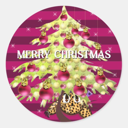 Cute Anime Leopard Under Lime Christmas Tree Classic Round Sticker