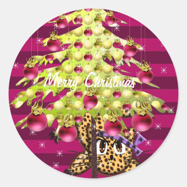 Cute Anime Leopard Under Lime Christmas Tree Classic Round Sticker (Front)