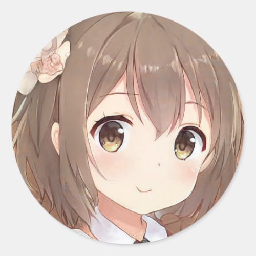 Cute anime manga girl brown hair hazel eyes flower classic round sticker