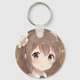 Cute anime manga girl brown hair hazel eyes flower keychain