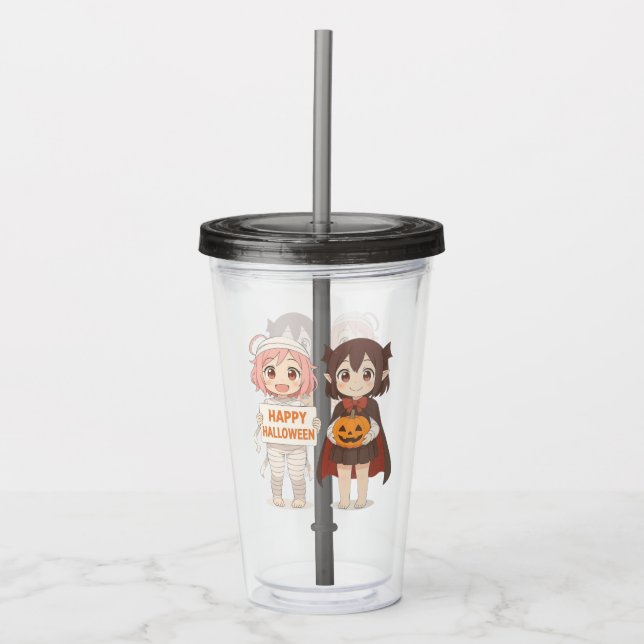 Cute anime mummy & vampire girls acrylic tumbler (Front)
