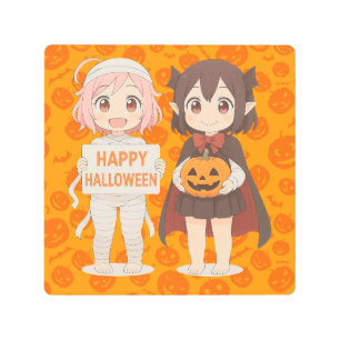 Cute anime mummy & vampire girls metal print