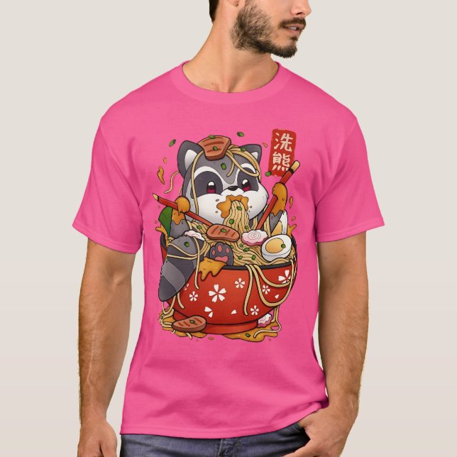 Cute Anime Raccoon Eating Ramen Noodles T-Shirt (Front)