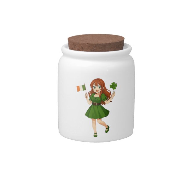 Cute anime redhead Saint Patrick's Day  Candy Jar (Front)