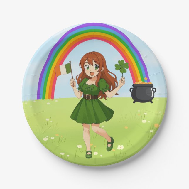 Cute anime redhead Saint Patrick's Day   Paper Plates (Front)