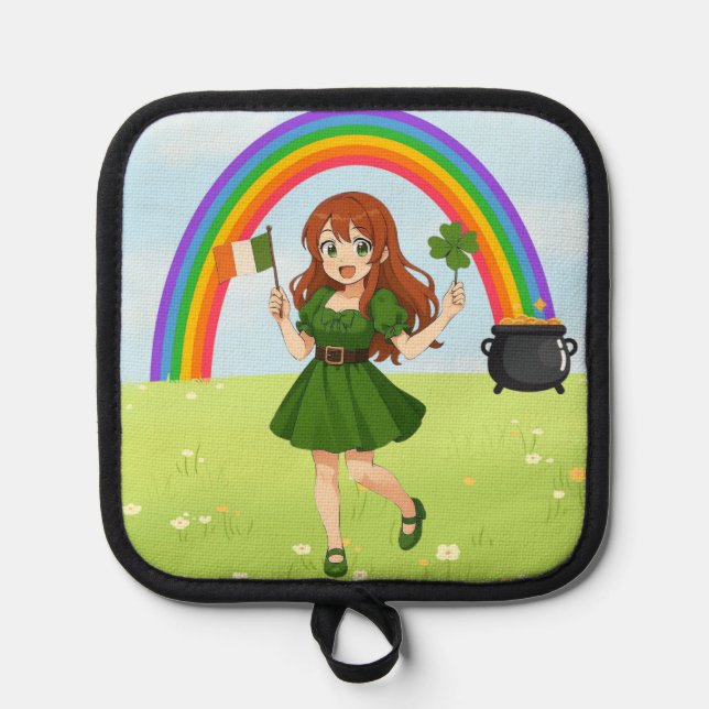Cute anime redhead Saint Patrick's Day   Pot Holder (Front)