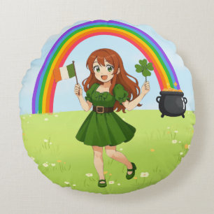 Cute anime redhead Saint Patrick's Day Round Pillow
