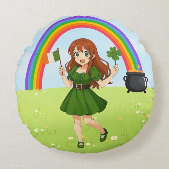 Cute anime redhead Saint Patrick's Day   Round Pillow (Front)