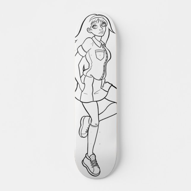 Cute Anime Schoolgirl Black White Drawing Skateboard (Front)