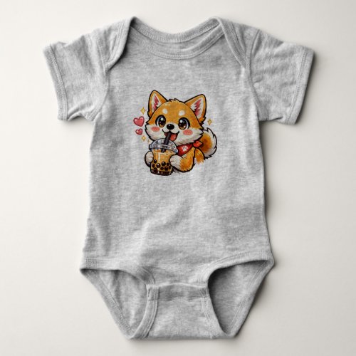 Cute Anime Shiba Inu Drinking Bubble Tea Kawaii Baby Bodysuit