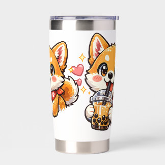 Cute Anime Shiba Inu Drinking Bubble Tea Kawaii Insulated Tumbler
