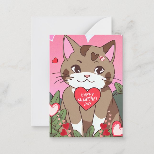 Cute Anime Valentine Cat  Note Card (Front)