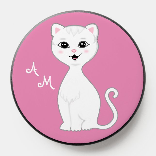 Cute Anime White Cat and Monogram PopSocket (Popsocket)