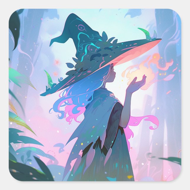 Cute Anime Witch Girl Fantasy Art Square Sticker (Front)