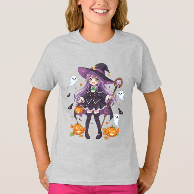 Cute Anime Witch Girl Halloween Kids T-Shirt (Front)