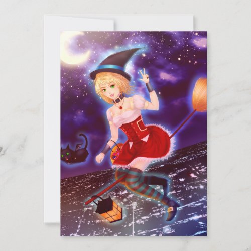 Cute anime witch girl with flying pet cats invitation