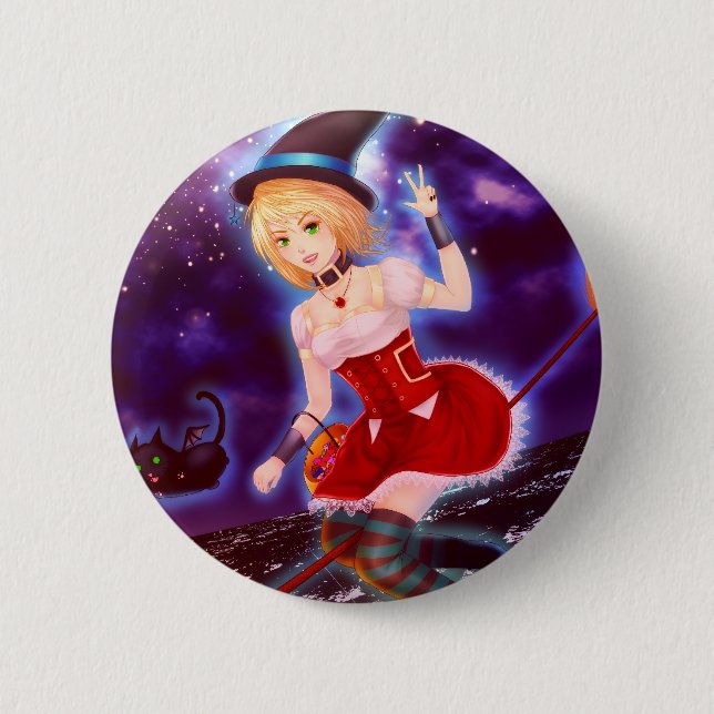Cute anime witch girl with flying pet cats pinback button (Front)