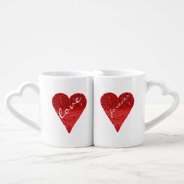 Cute Anniversary Couple Red Love Hearts Coffee Mug Set (Front Nesting)