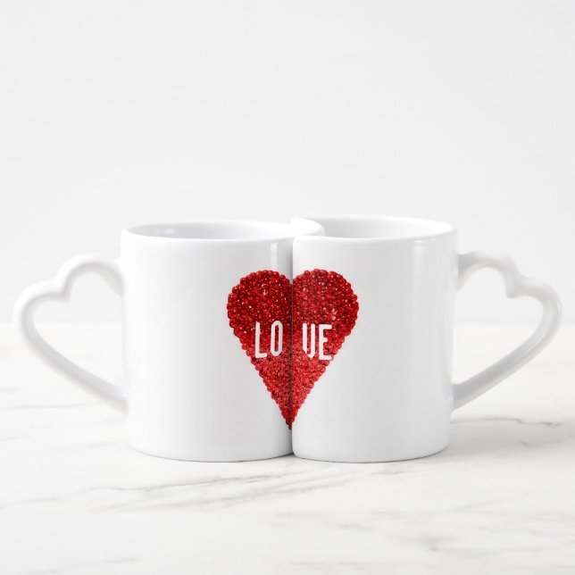 Cute Anniversary Couple Red Love Hearts Coffee Mug Set (Front Nesting)