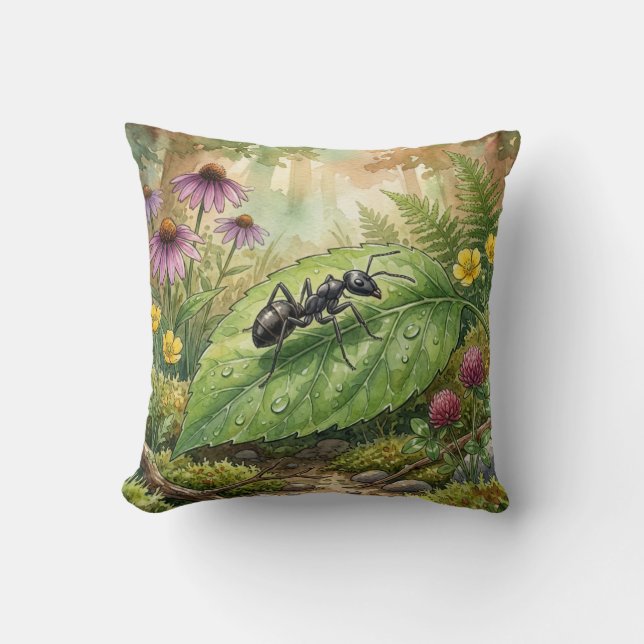 Cute Ant on a Leaf Tiny Insects  Throw Pillow (Front)