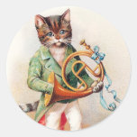 Cute Anthropomorphic Cat With French Horn Classic Round Sticker at Zazzle