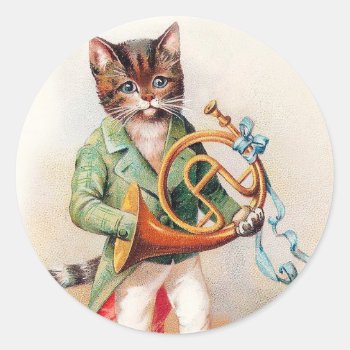 Cute Anthropomorphic Cat With French Horn Classic Round Sticker by AnthroAnimals at Zazzle