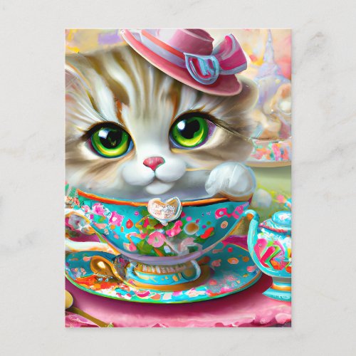 Cute Anthropomorphic Kitten at a Tea Party Postcard