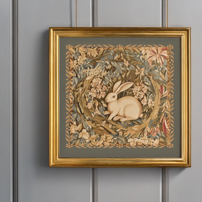 Cute Antique Rabbit in Medieval Tapestry Garden Poster (Frame not included.)