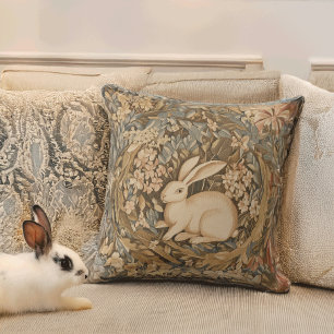 Cute Antique Rabbit in Medieval Tapestry Garden Throw Pillow