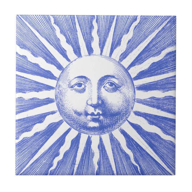 Cute Antique Vintage Blue Sun Face Ceramic Tile (Front)