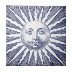 Cute Antique Vintage Navy Blue Sun Face Ceramic Tile