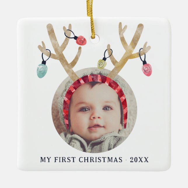 Cute Antlers First Christmas New Baby Ceramic Ornament (Front)