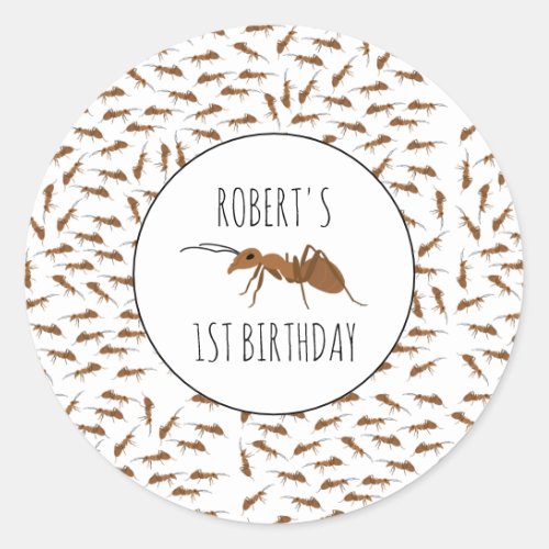 Cute Ants Pattern Custom Name Kids Birthday Party Classic Round Sticker