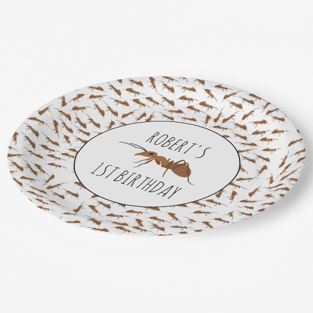 Cute Ants Pattern Custom Name Kids Birthday Party Paper Plates (Angled)