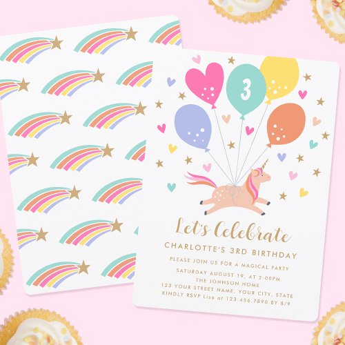  Cute Any Age Birthday Unicorn Balloon Kids Party Invitation