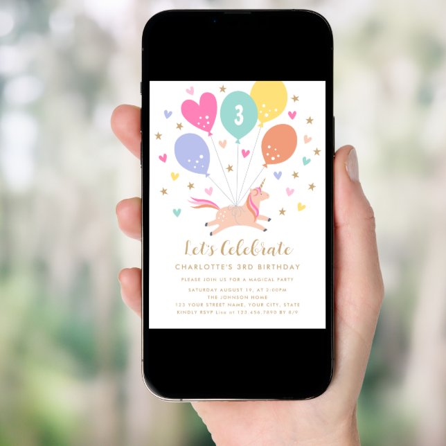  Cute Any Age Birthday Unicorn Balloon Kids Party Invitation (Front Digital)