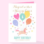 Cute Any Age Happy Birthday Unicorn Kids Name Card<br><div class="desc">Send some magical wishes on a special birthday with this cute personalized greetings card. A simple illustration of a little unicorn surrounded by balloons, hearts and stars. It features the birthday age and trendy script lettering with the words "Magical wishes & Unicorn kisses". Inside the card is a colorful rainbow...</div>