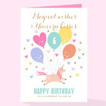 Cute Any Age Happy Birthday Unicorn Kids Name Card<br><div class="desc">Send magical wishes on a special birthday with this personalized greetings card. A cute unicorn surrounded by balloons, hearts and stars. This stylish template includes the phrase "Magical wishes & Unicorn Kisses" in trendy script, and is personalized with the recipient's name. Inside, a colorful rainbow and the message "Sending a...</div>
