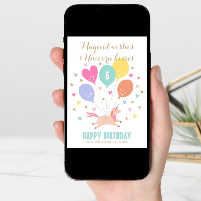 Cute Any Age Happy Birthday Unicorn Kids Name Card (Front Digital)