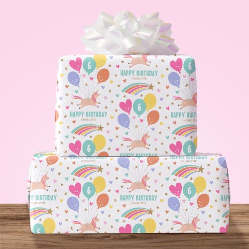  Cute Any Age Happy Birthday Unicorn Kids Name Wrapping Paper