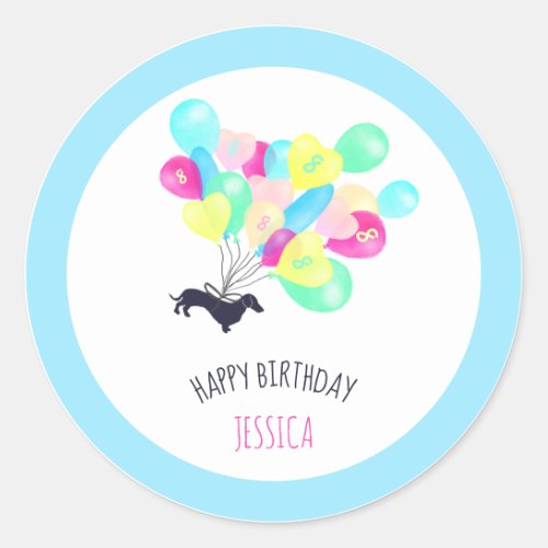 Cute Any Age Watercolor Balloon Dachshund Birthday Classic Round Sticker