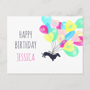 Cute Any Age Watercolor Balloon Dachshund Birthday Postcard