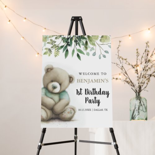 Cute Any Age Watercolor Teddy Bear Leaves Birthday Foam Board